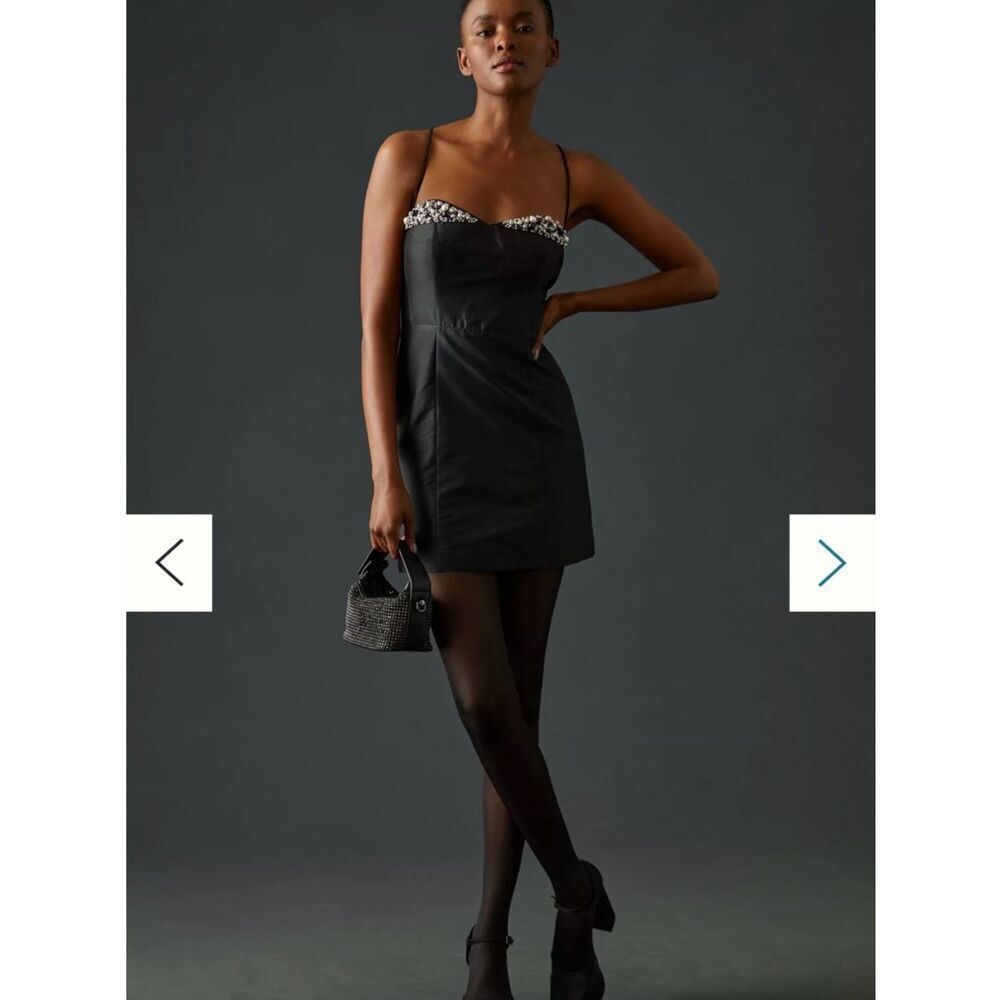 Anthropologie Maeve Embellished Black Mini Dress Sparkle Trim Women’s Size 14